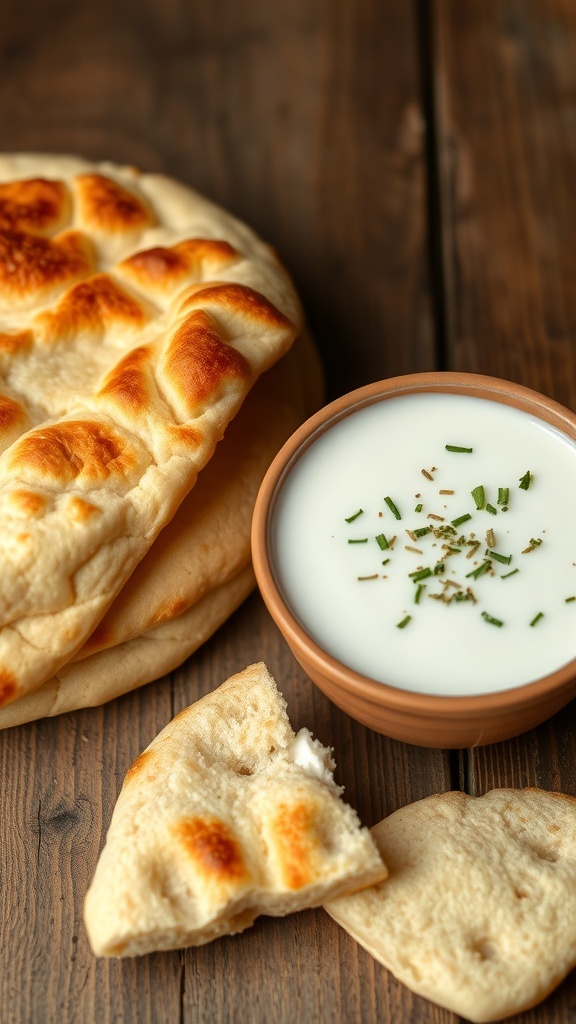 Homemade Pita Bread with Yogurt Freshly baked pita bread with a bowl of yogurt on a wooden table.